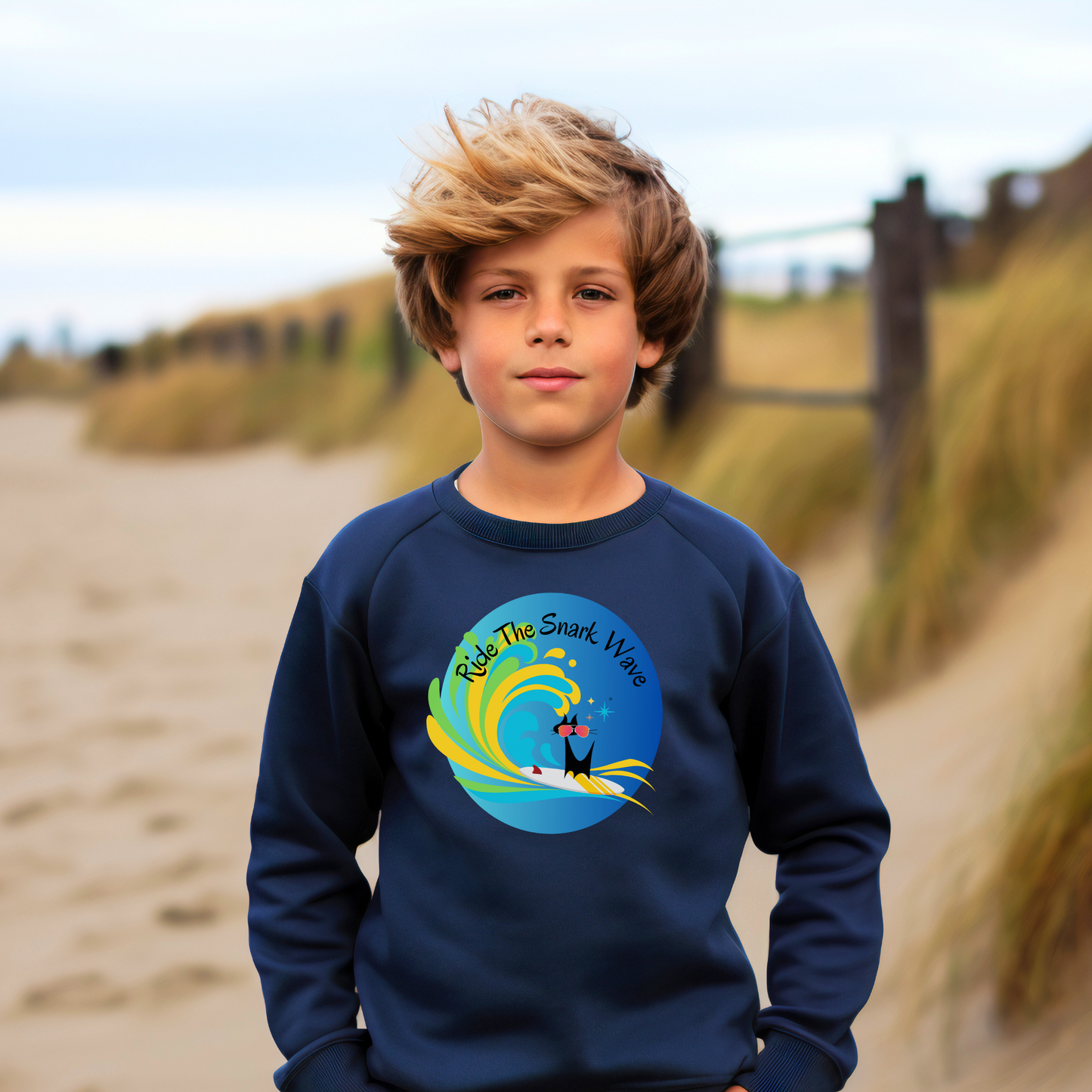 Ride the Snark Wave Surfing Ocean Waves Surfboard Hang Ten Summertime Youth Crewneck Sweatshirt