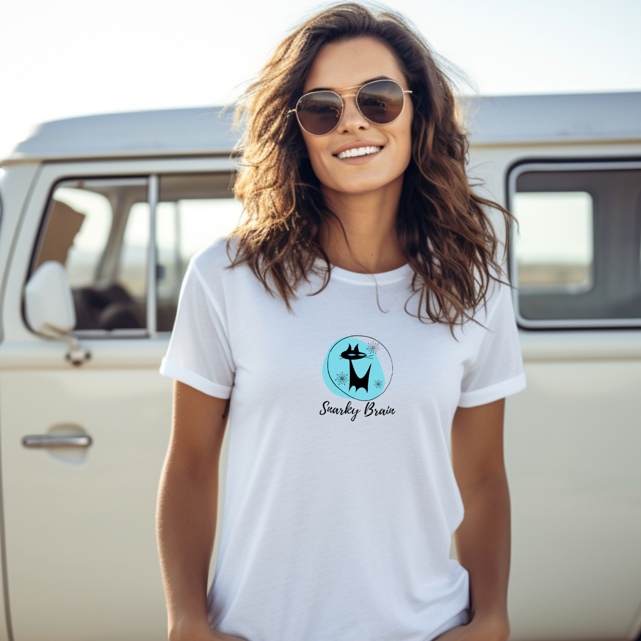 Snarky Brain Logo Midcentury Modern Atomic Black Cat Turquoise Adult Unisex Jersey Short Sleeve Tee