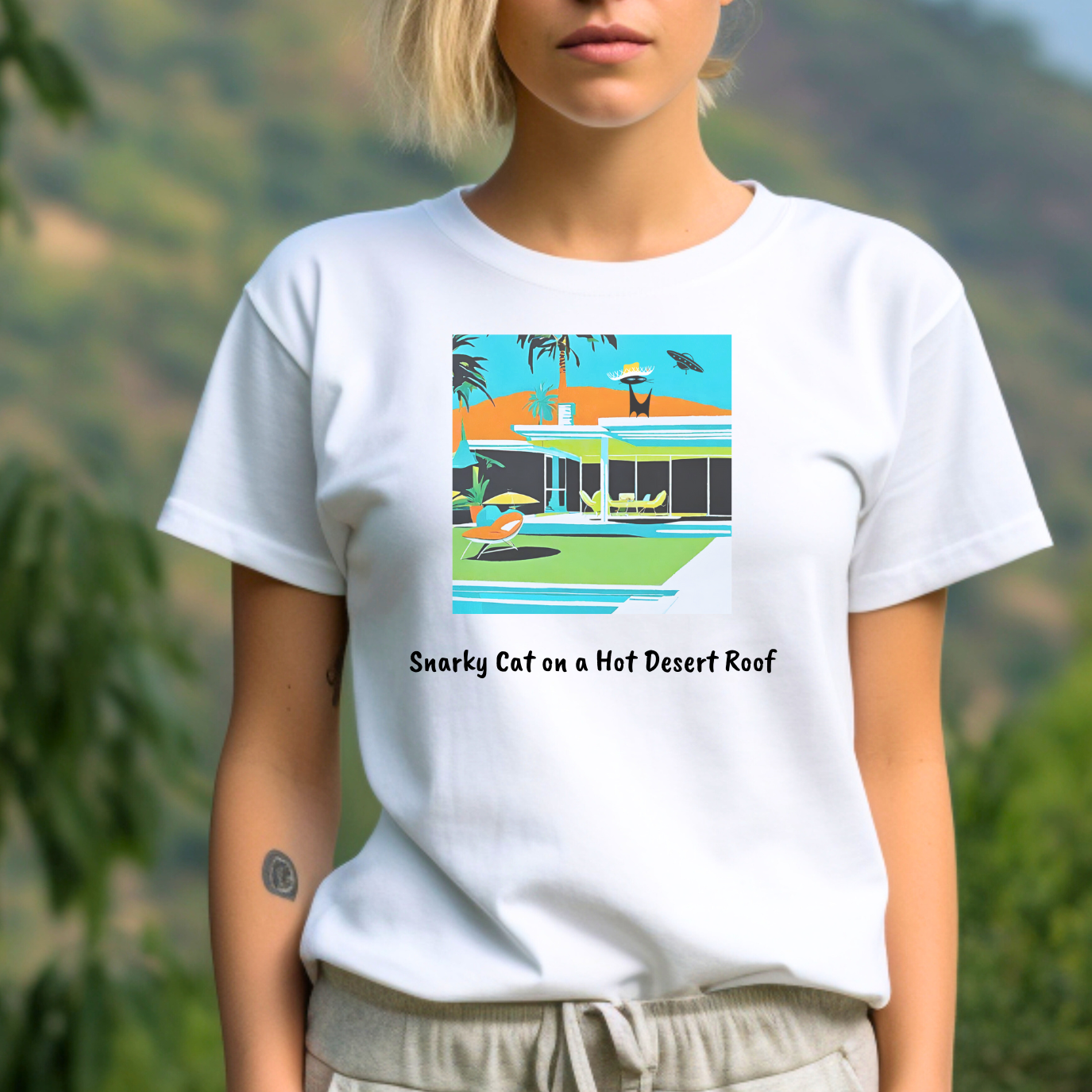 Snarky Cat on a Hot Desert Roof Palm Springs Atomic Black Cat Midcentury Modern Alien Spaceship Adult Unisex Jersey Short Sleeve Tee