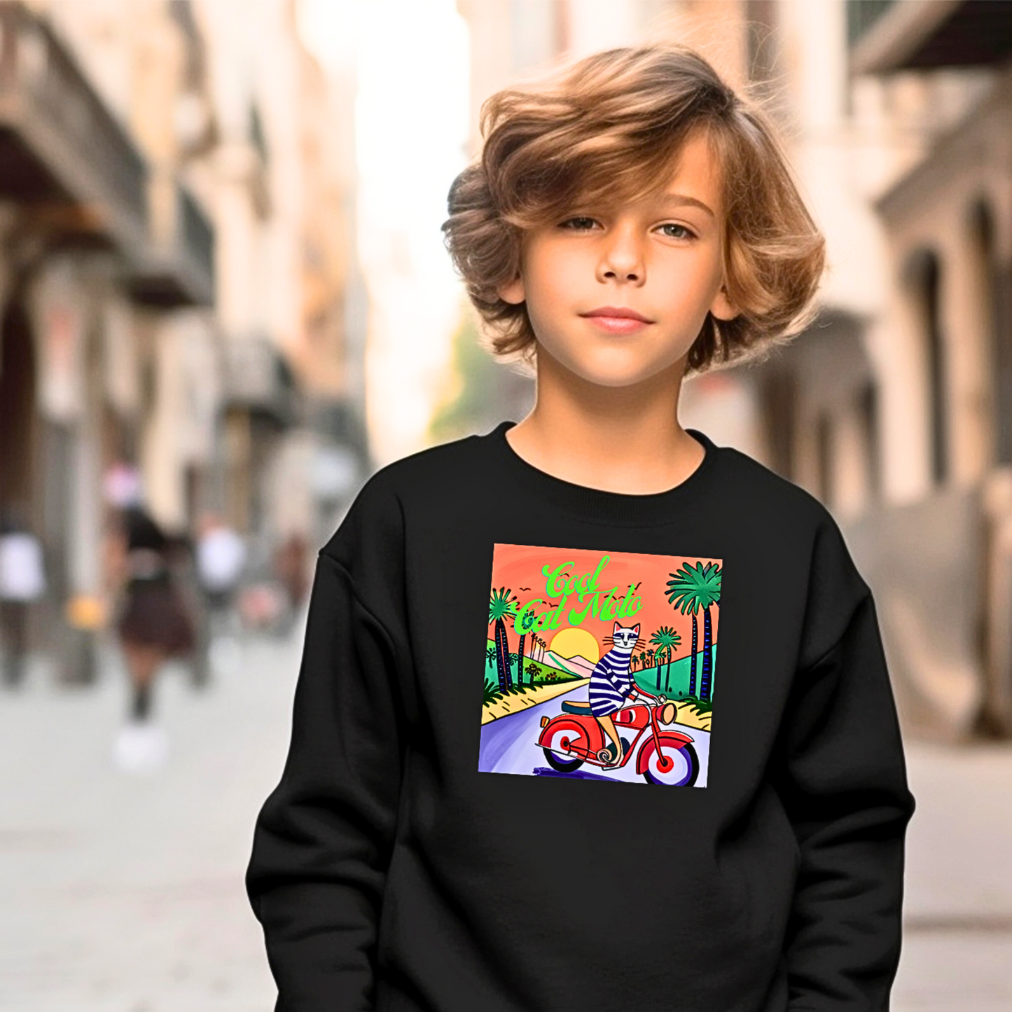 Cool Cat Moto Palm Springs Motorcycle Tour Illustration Cats Palm Trees Desert Youth Crewneck Sweatshirt