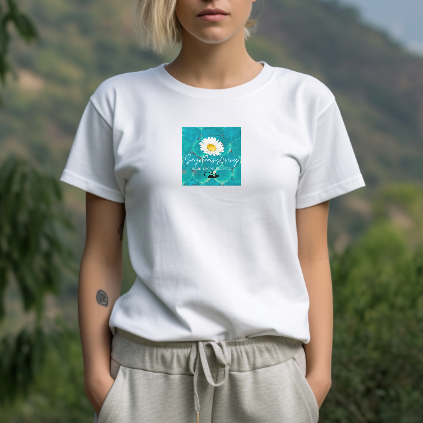 SageDaisy Living Logo Flower Daisy Atomic Cat Midcentury Modern Adult Unisex Jersey Short Sleeve Tee