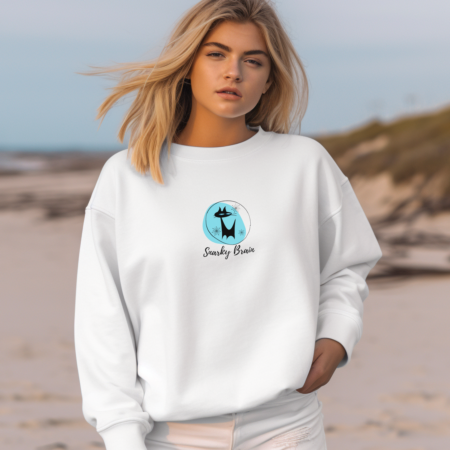 Snarky Brain Logo Midcentury Modern Atomic Cat Turquoise Adult Unisex Heavy Blend™ Crewneck Sweatshirt
