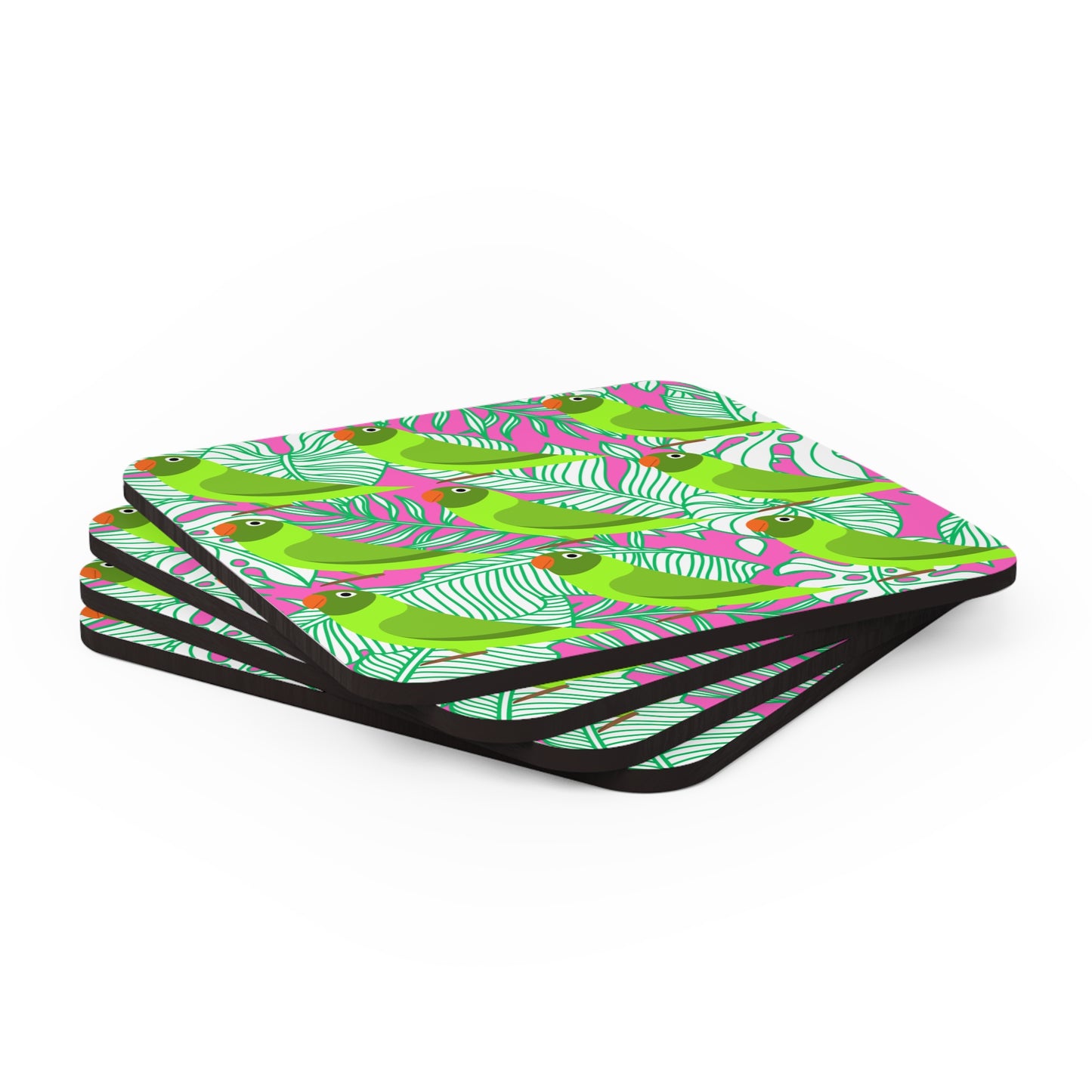 Parrots of Palm Beach Tropical Hot Pink Cocktail Party Beverages  Entertaining Corkwood Coaster Set
