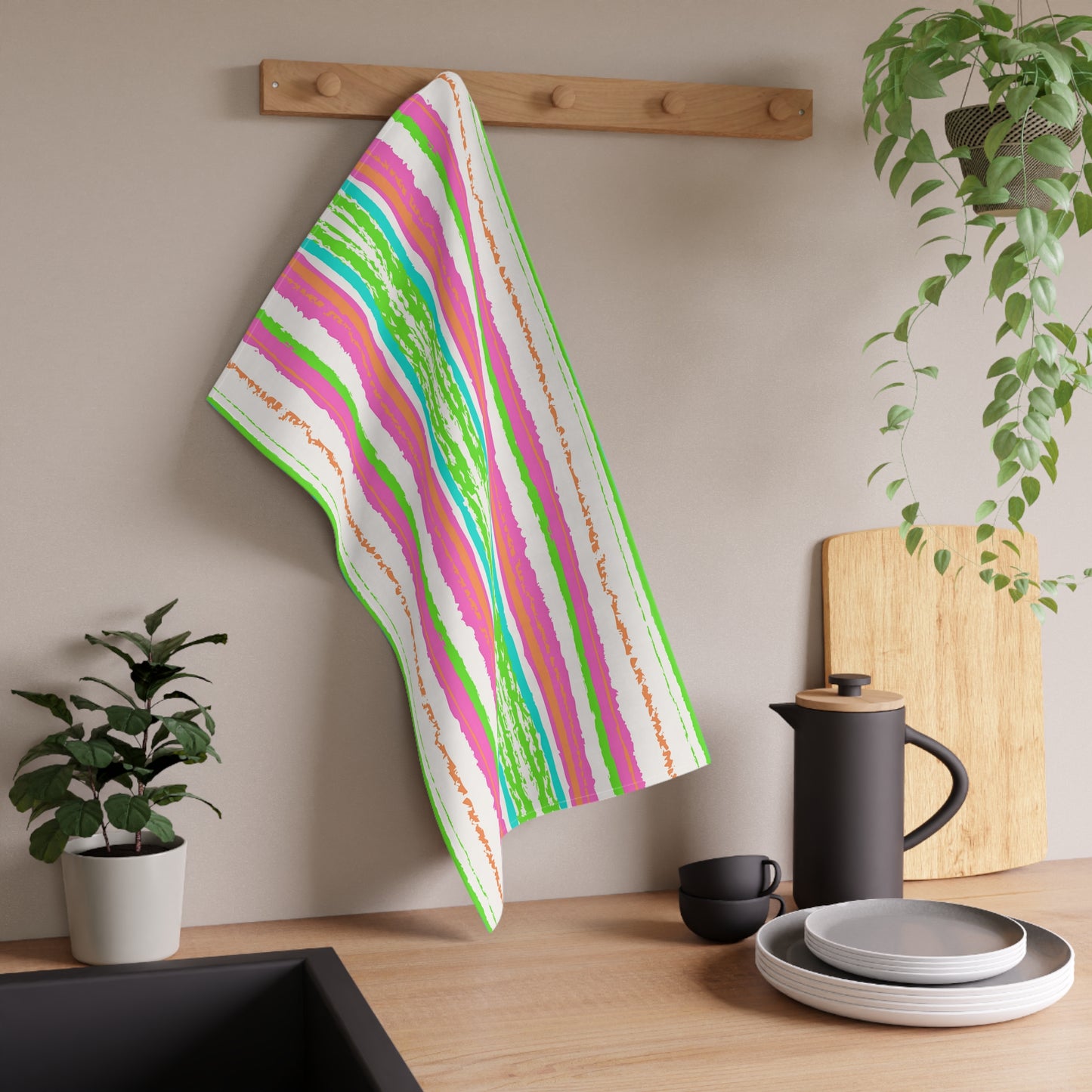 Bermuda Beachy Cabana Stripes Hot Pink and Lime Green Decorative Kitchen Tea Towel/Bar Towel