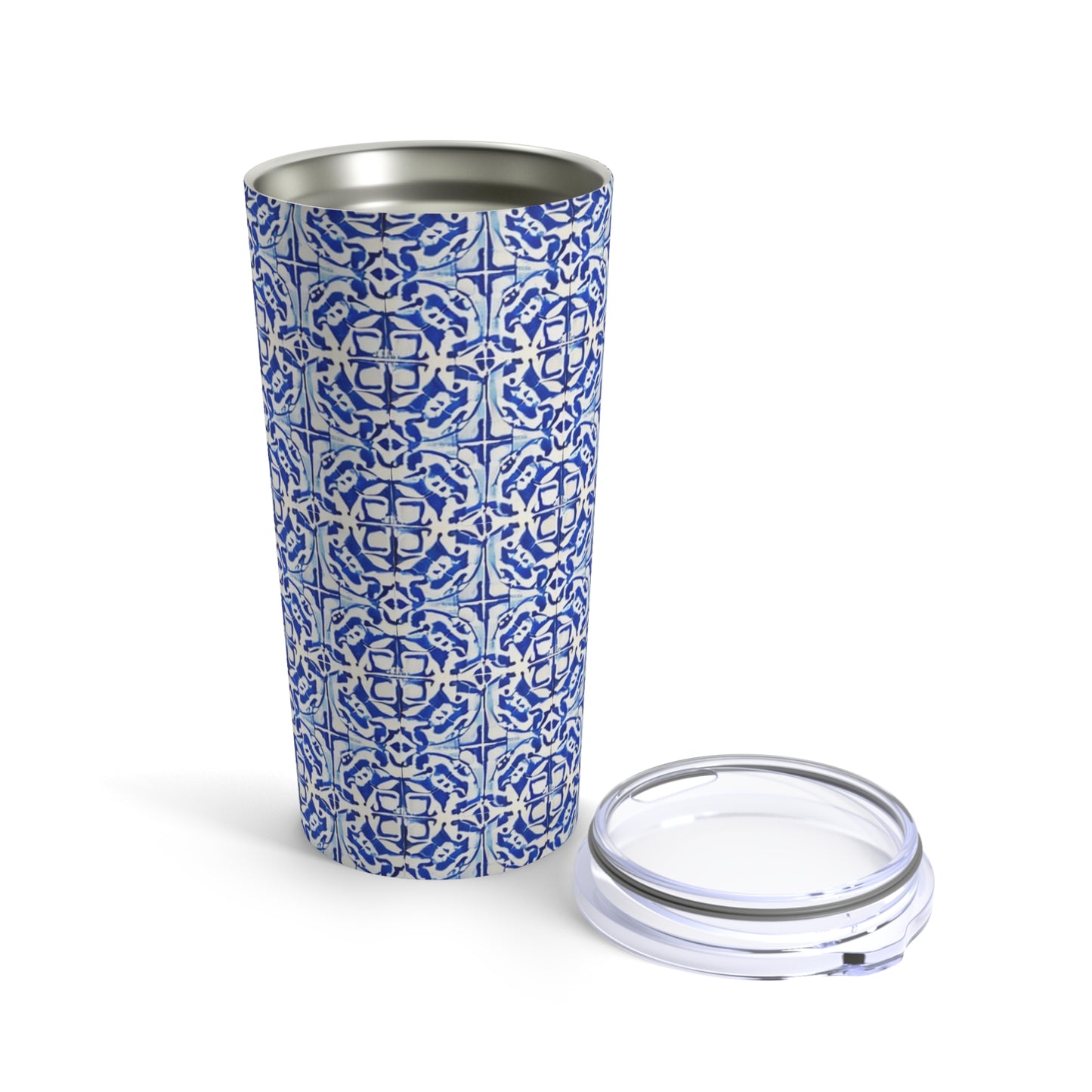 Delft Antique Blue and White Geometric Pattern Tile Hot and Cold Beverage Travel Tumbler 20oz