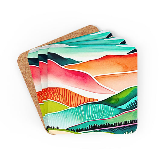 Sunset Sea Coastal Evening Watercolor Abstract Landscape Cocktail Party Beverage Entertaining Corkwood Coaster Set