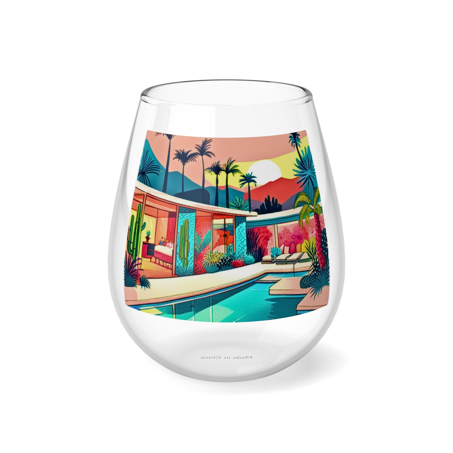 Palm Springs Patio Darling  Cocktails Poolside Desert Palm Trees Cactus Midcentury Modern Stemless Wine Glass, 11.75oz
