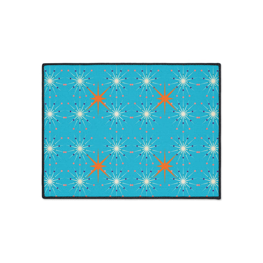Midcentury Modern Atomic Stars Turquoise Pattern Decorative Indoor Outdoor Heavy Duty Floor Mat