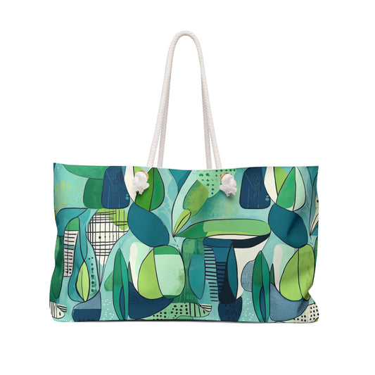Cubist Midcentury Modern Garden Pattern Blue Green Market Shopper Travel Beach Weekender Bag