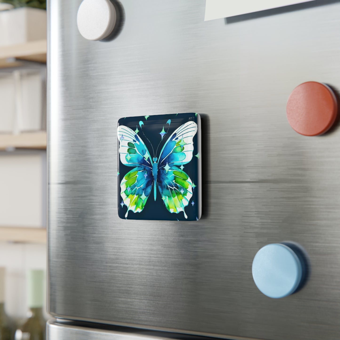 Twilight Awakening Blue Butterfly Watercolor Decorative Refrigerator Porcelain Magnet, Square