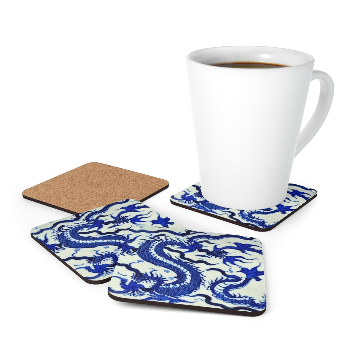 Chinese Dragon Ming Dynasty Blue and White Antique Pattern Historical Cocktail Party Entertaining Corkwood Coaster Set