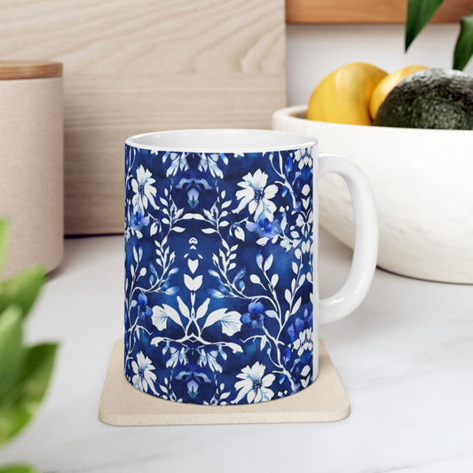 Morning Glory Blue and White Batik Watercolor Floral Vines Decorative Hot Beverage Coffee Tea Ceramic Mug 11oz