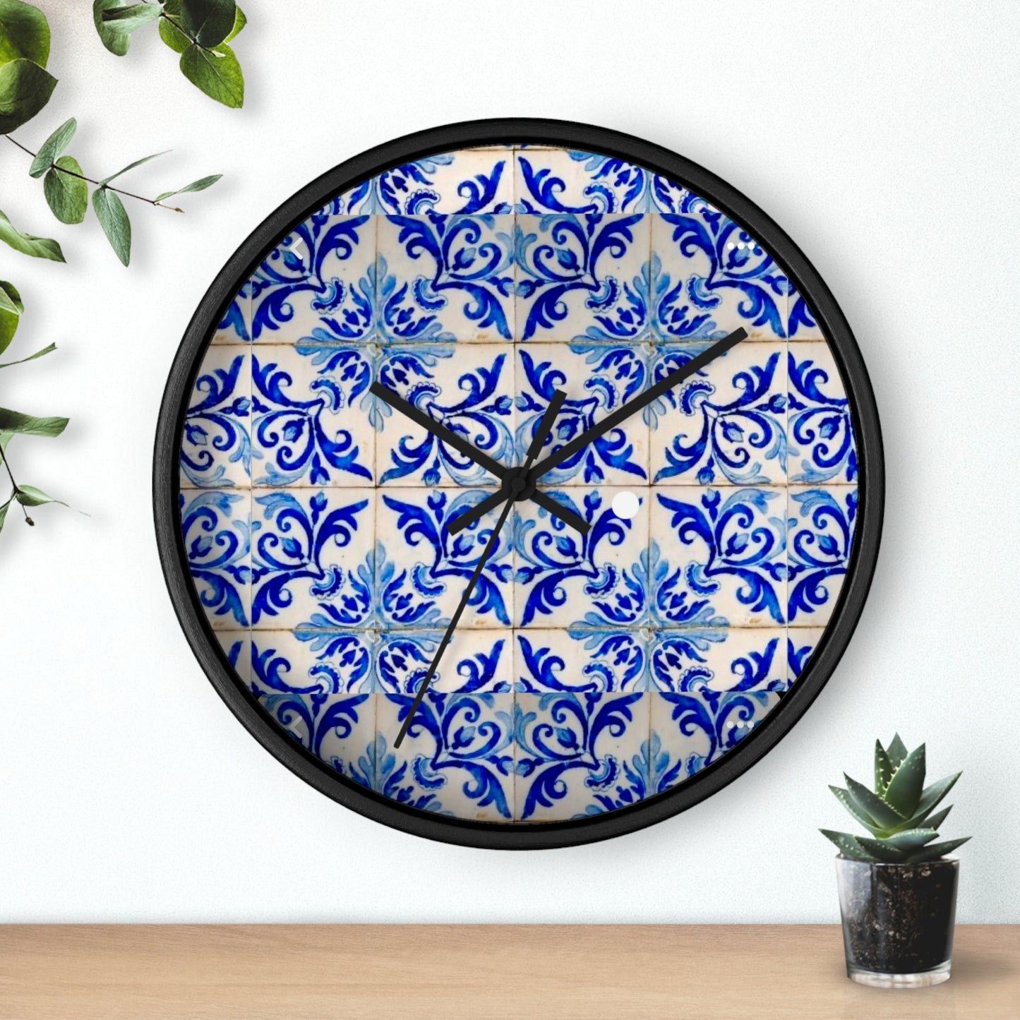 Blue and White Floral European Antique Aged Tile Wall Clock