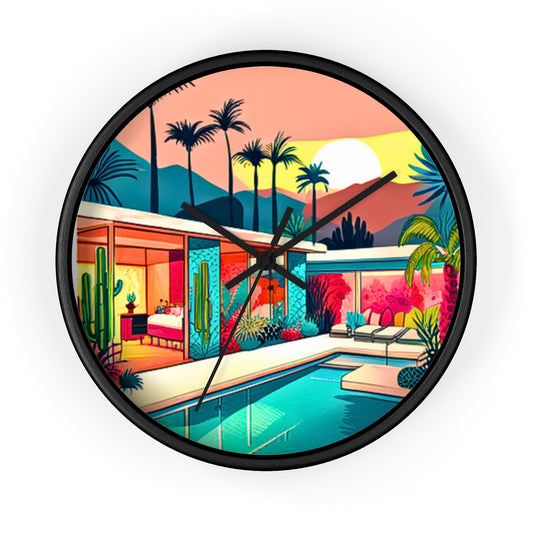 Palm Springs Patio Darling Cocktails Poolside Desert Palm Trees Cactus Midcentury Modern Kitchen Wall Clock