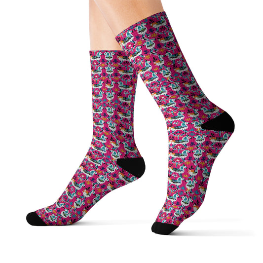 Hot Pink Llamas Otomi Mexican Indian Folk Art Decorative Pattern Sublimation Socks