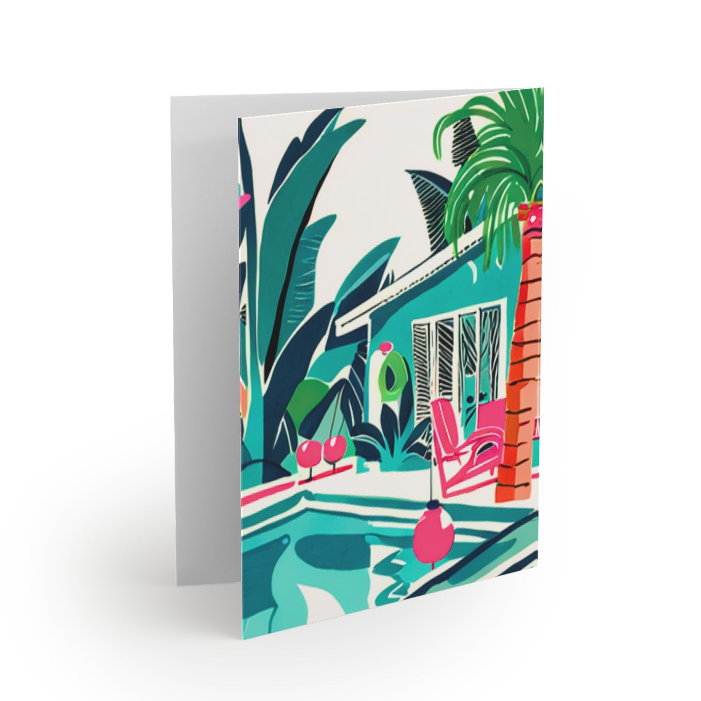 Miami Winter Poolside Midcentury Modern Palm Trees Tropical Flowers Art Note Greeting Cards (8 pcs)