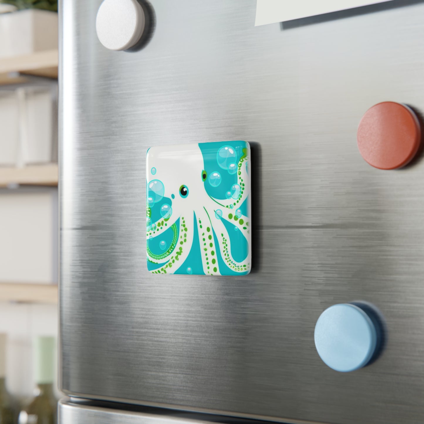 Aqua Octopus Bubbles Decorative Refrigerator Porcelain Magnet, Square