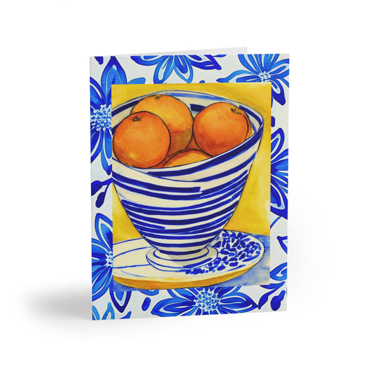 Summer Italian Oranges Watercolor Blue and White Bowl Decorative Art Note Greeting cards (8 pcs)