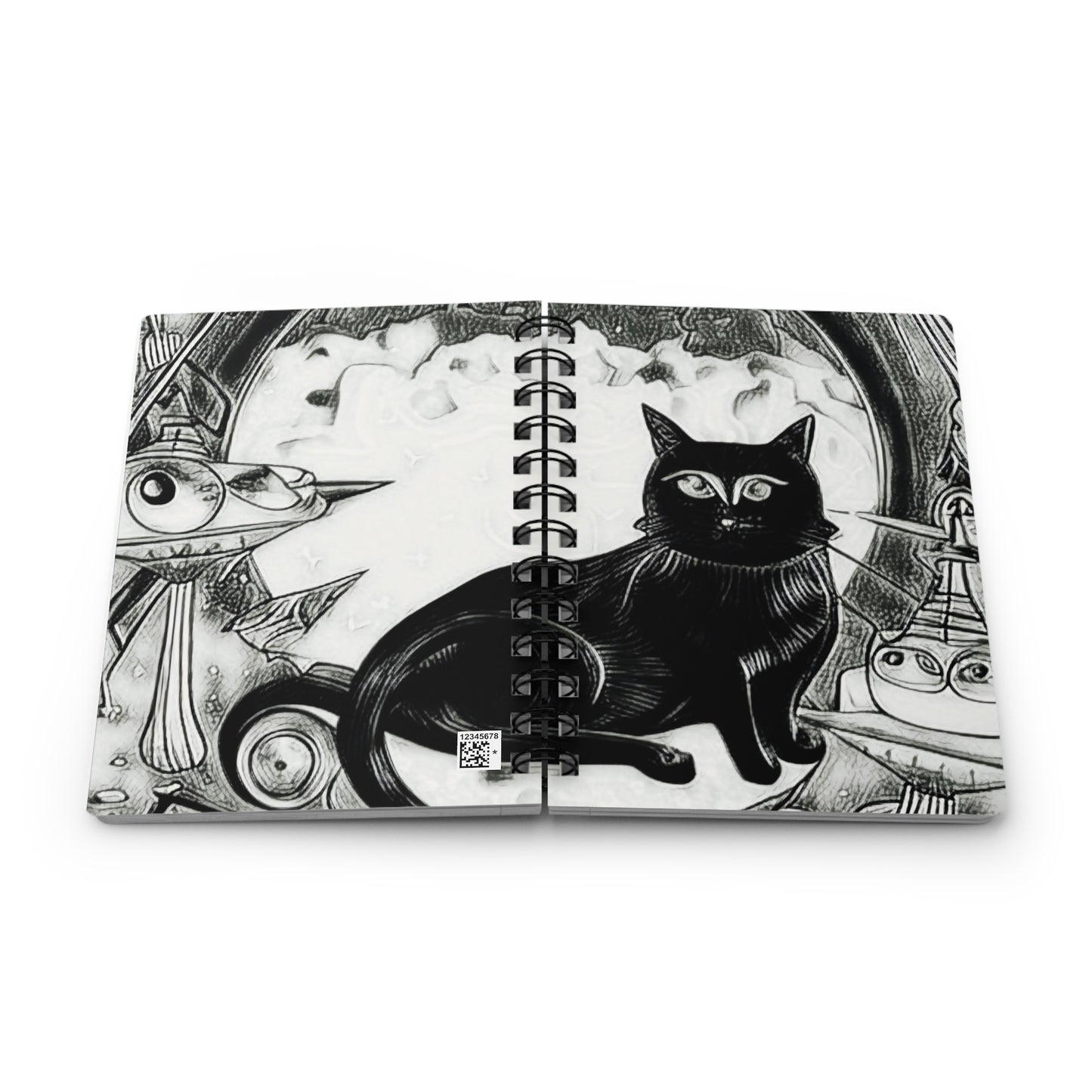 Space Cat Black and White Flying Saucer Galaxy Writing Sketch Inspiration Spiral Bound Journal