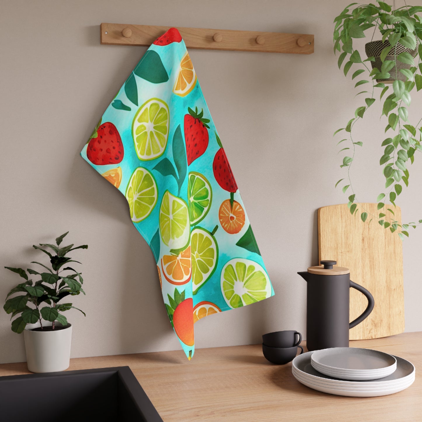 Summer Recipes Watercolor Strawberries Limes Plums Oranges Turquoise Midcentury Modern Illustration Decorative Kitchen Tea Towel/Bar Towel