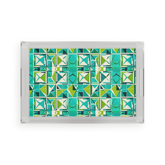 Cancun Vacation Midcentury Modern Tile Turquoise and Green Geometric Pattern Patio Summertime Outdoor Party Acrylic Serving Tray