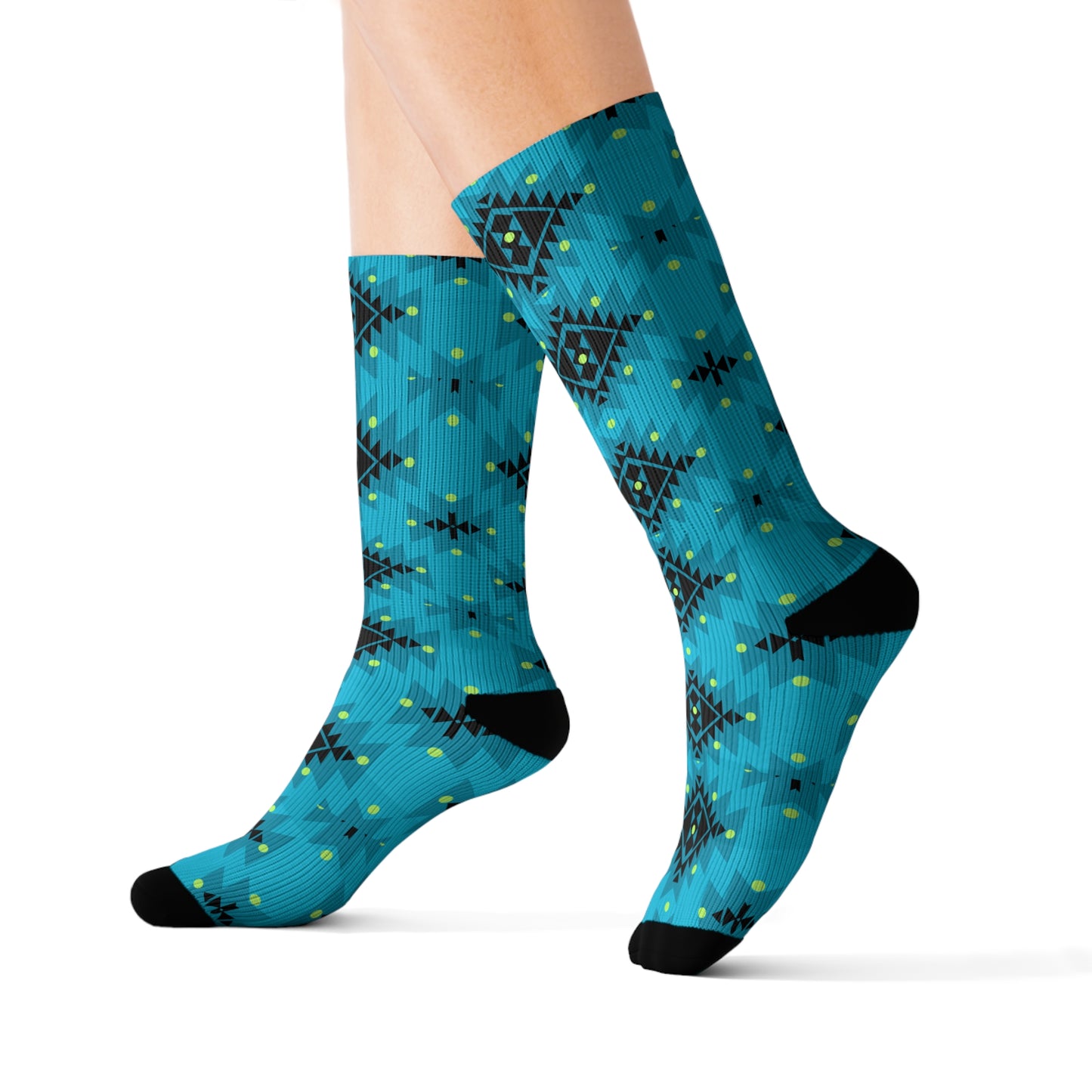 Navajo Concho Teal Lime green Decorative Pattern Sublimation Socks