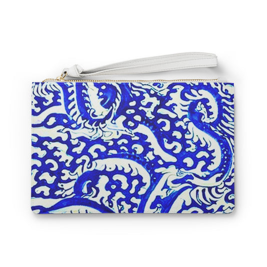 Sea of Chinese Dragons Ming Dynasty Blue and White Porcelain Pattern Daytime Evening Pouch Clutch Bag