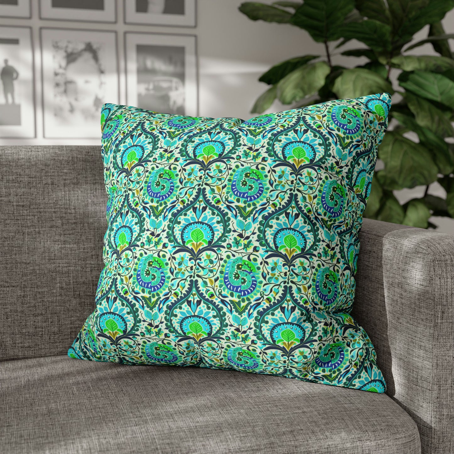 Suzani Tribal Pattern Blue and Green Bohemian Decorative Spun Polyester Pillow Cover