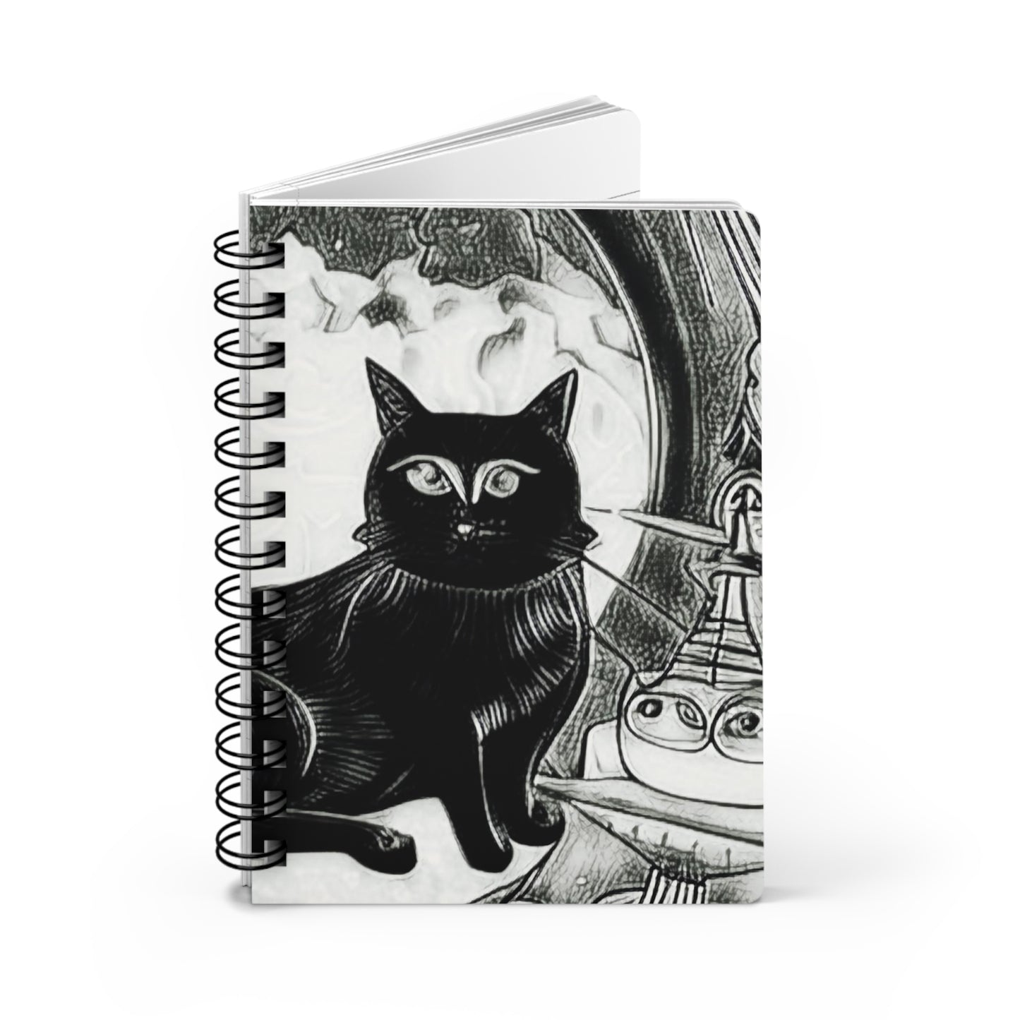 Space Cat Black and White Flying Saucer Galaxy Writing Sketch Inspiration Spiral Bound Journal