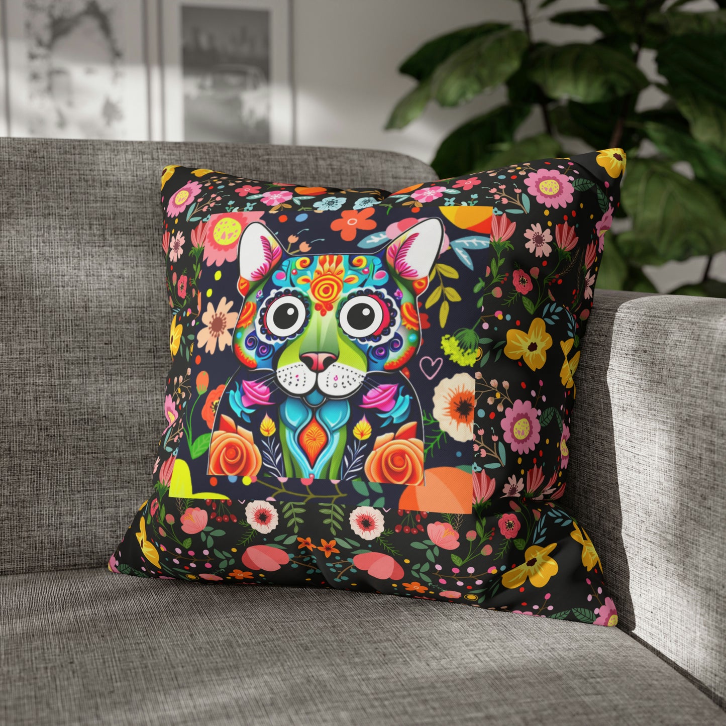Flower Power Kitty Cat Floral Art Children's Playroom Nursery Art Square Poly Canvas Pillow Cover