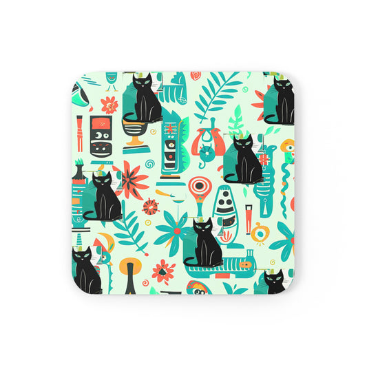 Kitty Flora and Fauna Midcentury Modern Kitchen Wallpaper Pattern Aqua Black 1950s House Cat Cocktail Party Corkwood Coaster Set