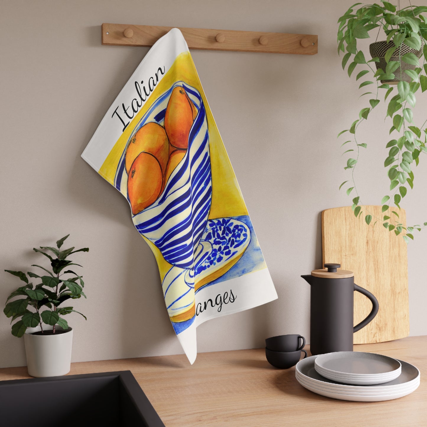 Summer Italian Oranges Watercolor Blue and White Bowl Decorative Kitchen Tea Towel/Bar Towel