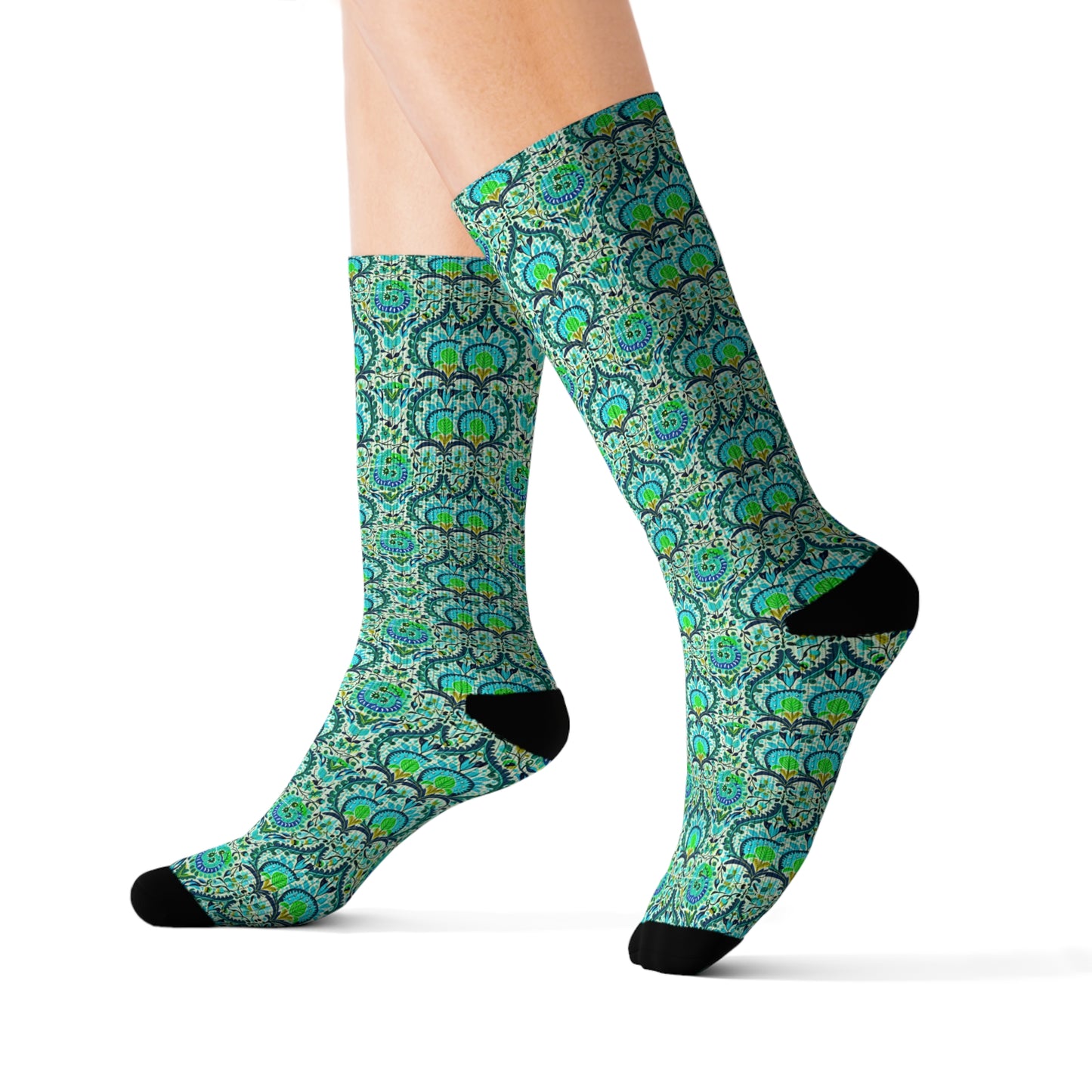 Suzani Tribal Pattern Blue and Green Bohemian Decorative Pattern Sublimation Socks