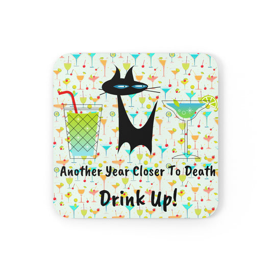 Another Closer to Death Drink Up! Midcentury Modern Atomic Black Cat Cocktail Party Humor Pattern Corkwood Coaster Set