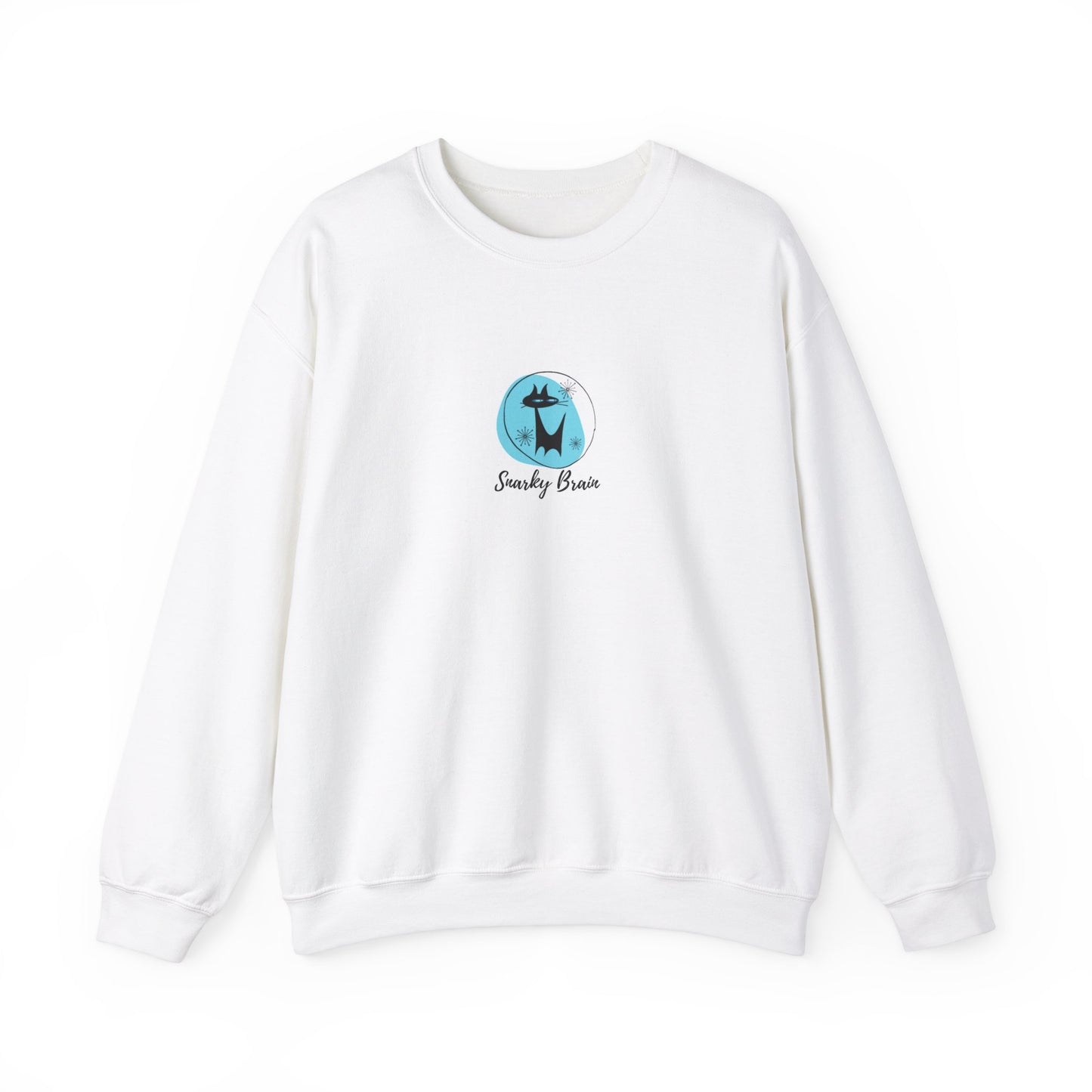 Snarky Brain Logo Midcentury Modern Atomic Cat Turquoise Adult Unisex Heavy Blend™ Crewneck Sweatshirt