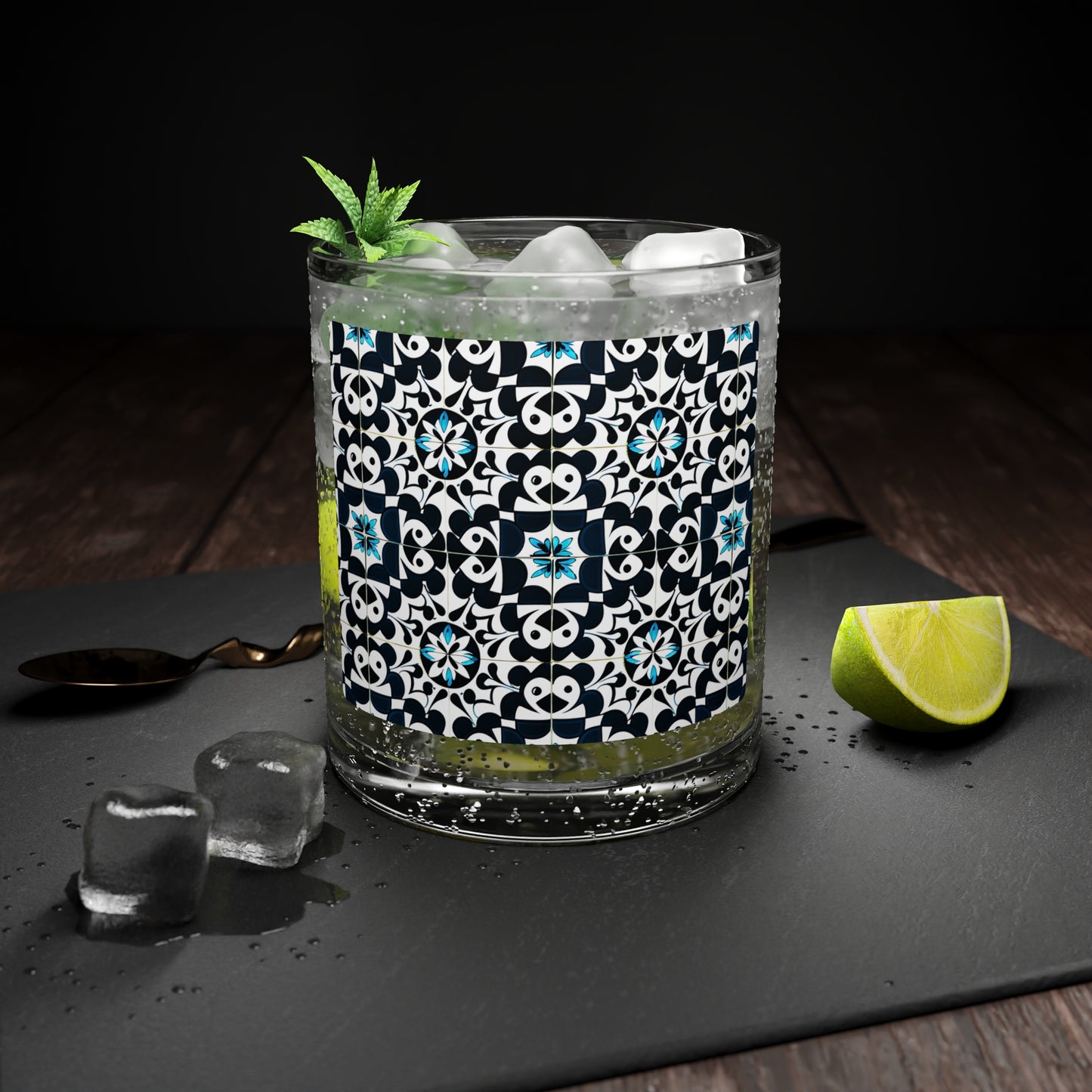 Farmhouse Blue and White Cement Tile Cocktail Party Beverage Entertaining  Highball Bar Glass