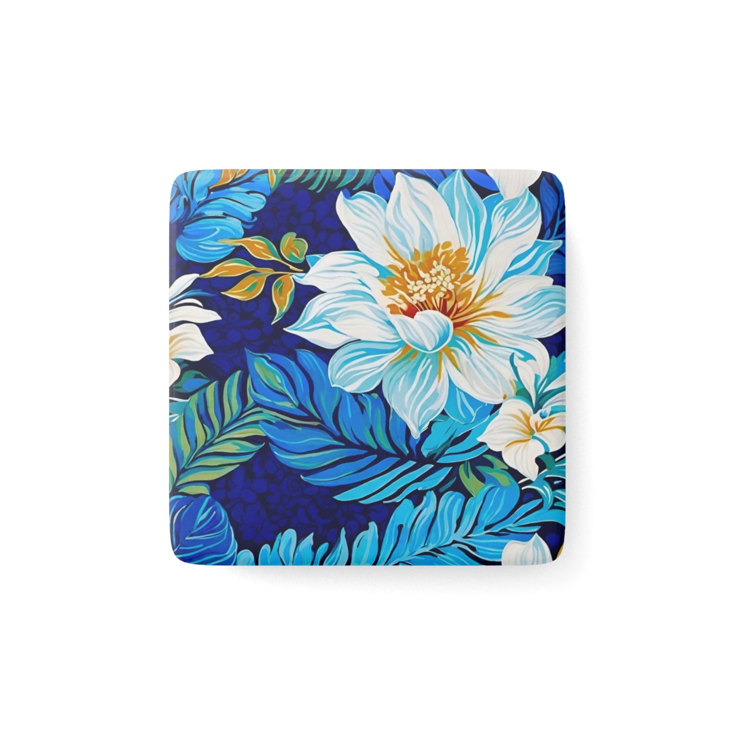 Hawaiian White Orchid Tropical Paradise Luau Kitchen Refrigerator Porcelain Magnet, Square