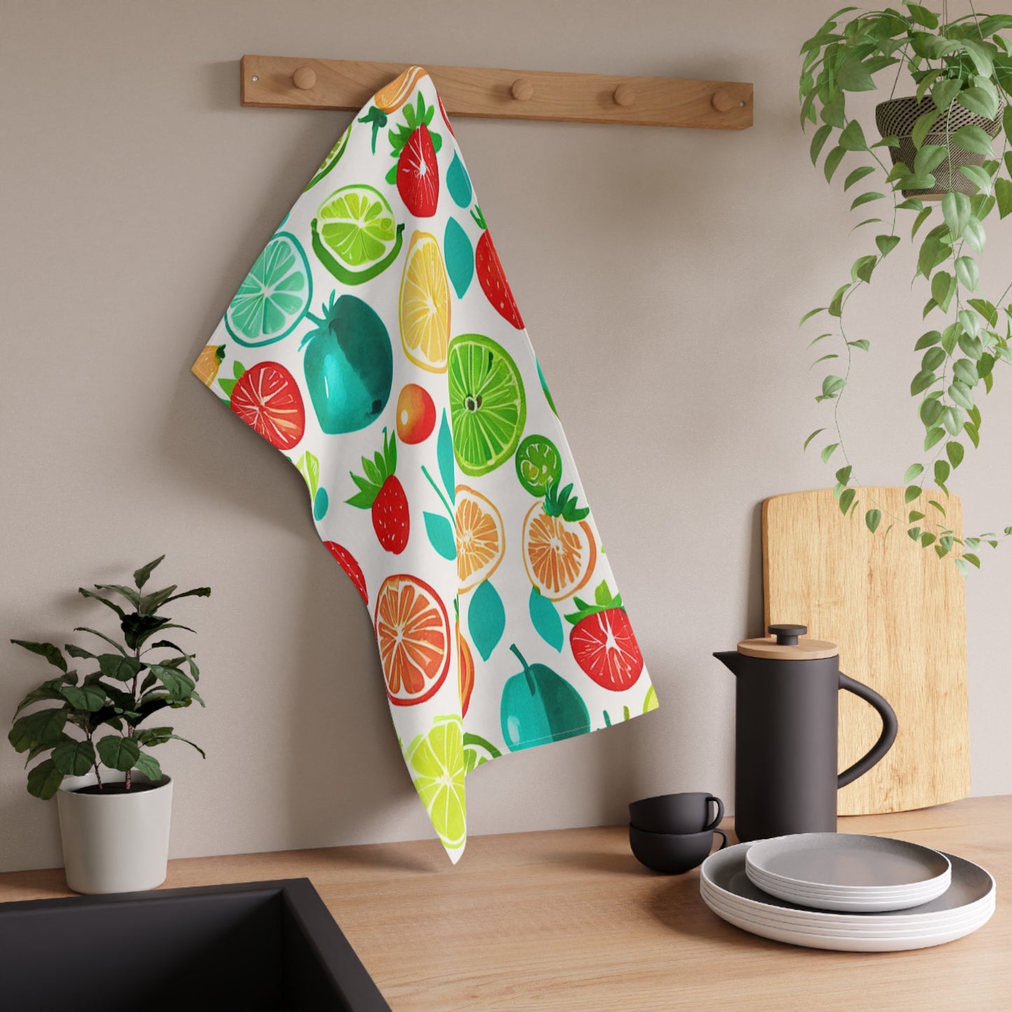 Summer Fruit Garden Midcentury Modern Illustration Water Strawberries Limes Oranges Plums Decorative Kitchen Tea Towel/Bar Towel