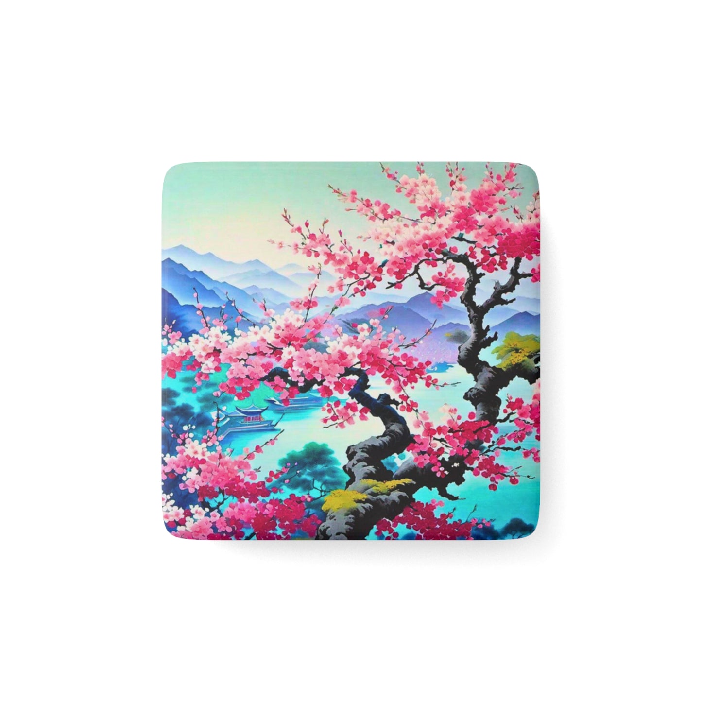 Japanese Mist Cherry Blossom Tree Asian Dream Decorative Kitchen Refrigerator Porcelain Magnet, Square