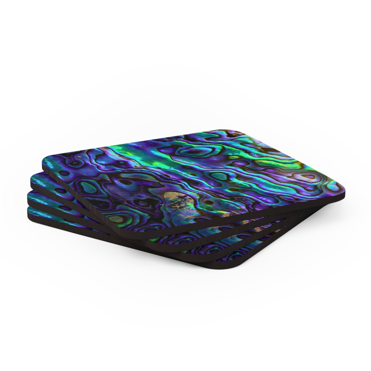 Abalone Jewels Natural Shell Ocean Abstract Cocktail Party Beverage Entertaining Decorative Corkwood Coaster Set