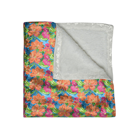 Tropical Hibiscus Hawaiian Flowers Paradise Warm Cozy Lounge Shimmer Crushed Velvet Blanket