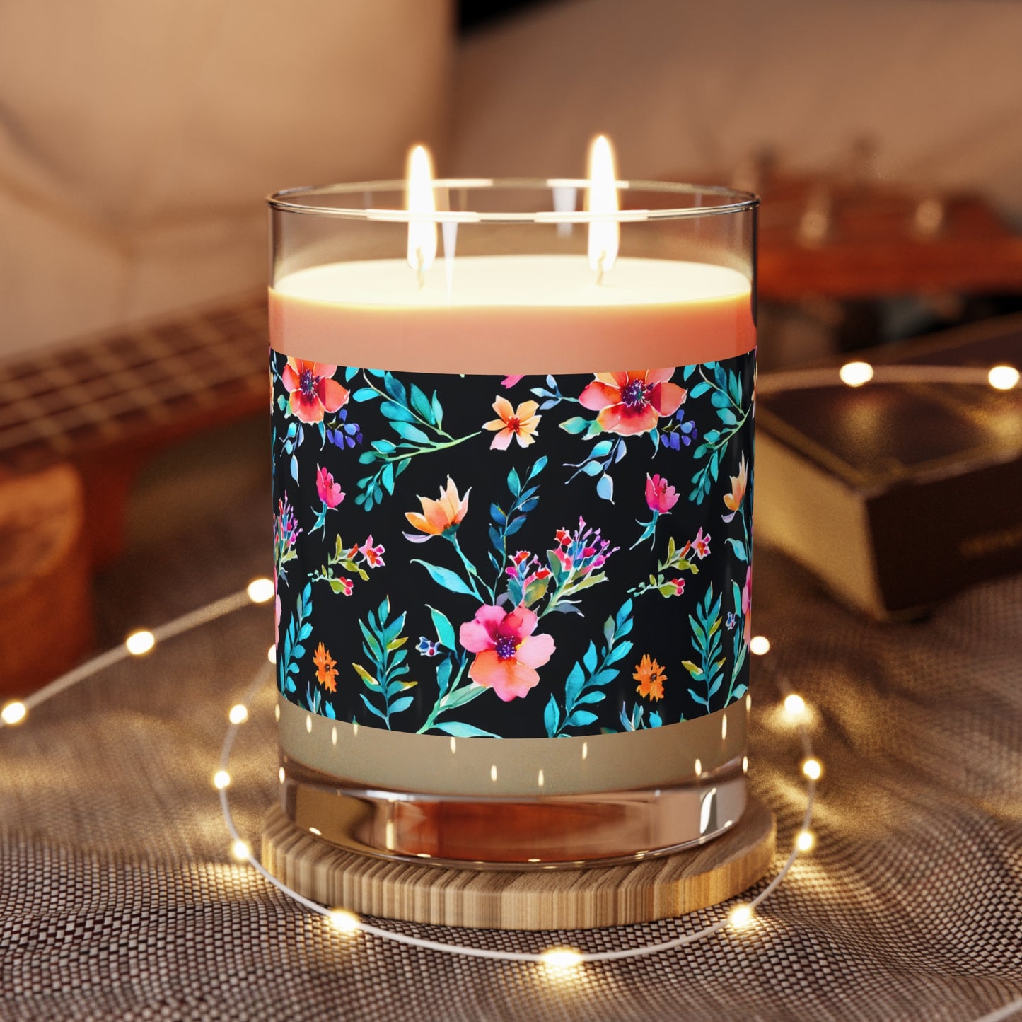 Midnight Floral II Watercolor Aromatherapy Essential Oils Natural Scented Candle - Full Glass, 11oz