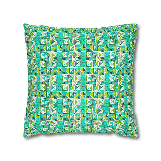 Cancun Vacation Midcentury Modern Tile Coastal Turquoise and Green Geometric Pattern Spun Polyester Pillow Cover
