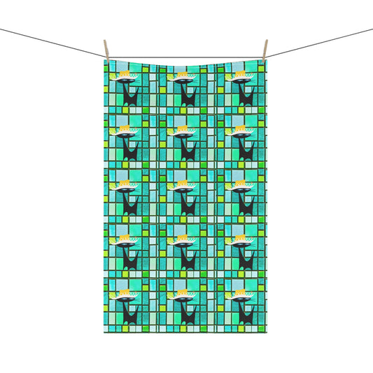 Midcentury Modern Atomic Black Vacay Cat Ocean Colors Tile Pattern Decorative Kitchen Tea Towel/Bar Towel