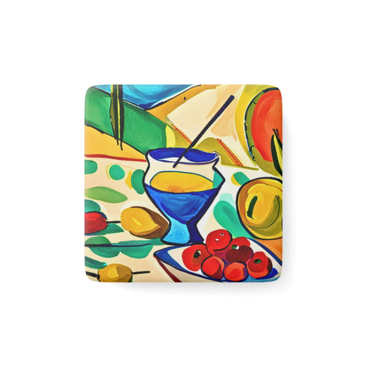 Afternoon French Aperitif Cocktail Party Watercolor Refrigerator Kitchen Porcelain Magnet, Square