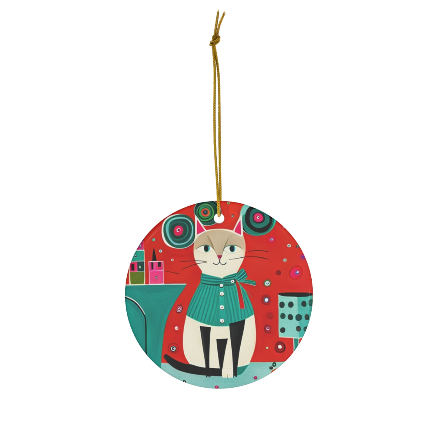 Holiday Siamese Cat Party Midcentury Modern Style Cat Lover Ceramic Ornament