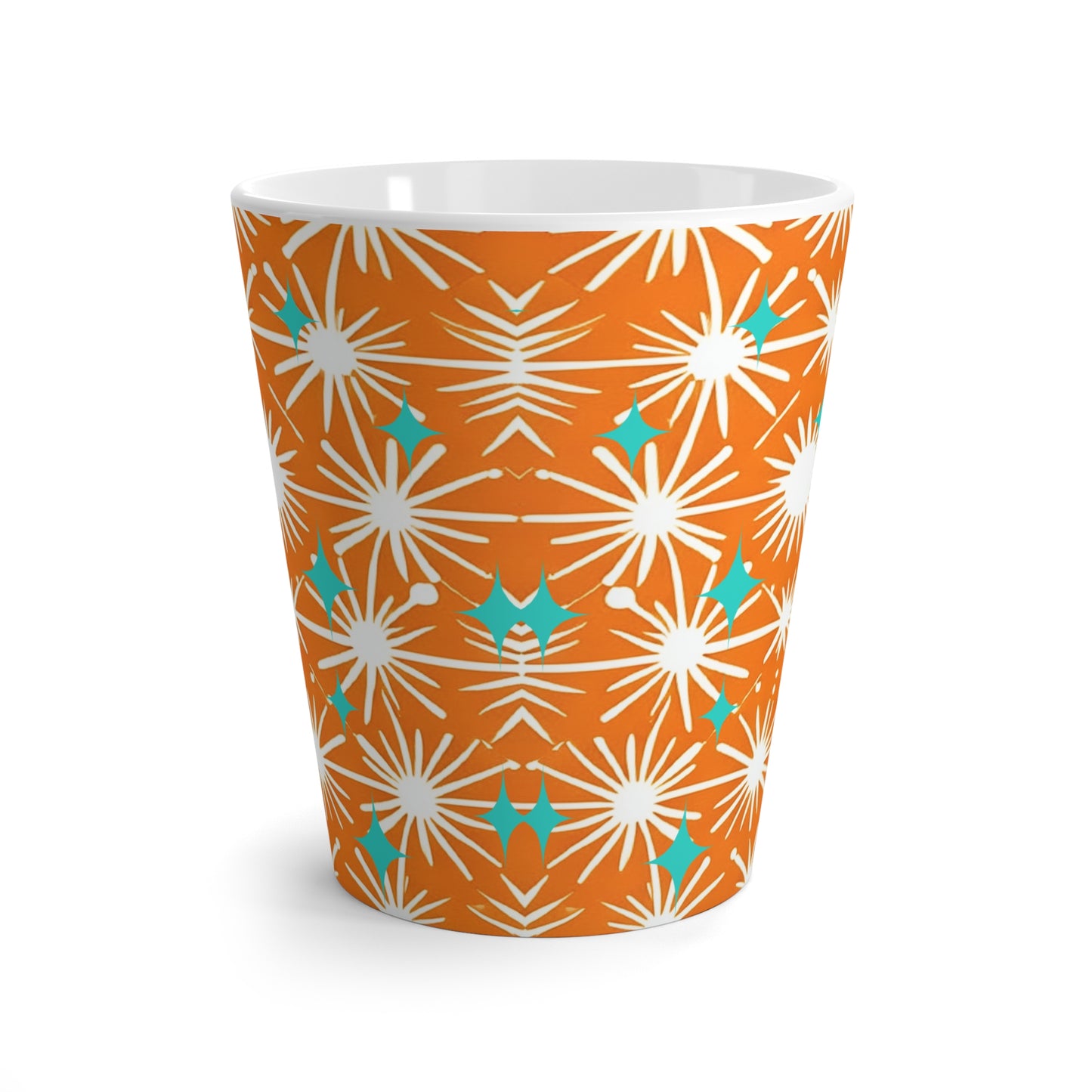 Midcentury Modern Starbursts Decorative Pattern Orange Pattern Hot Cappuccino Tea Beverage Latte Mug