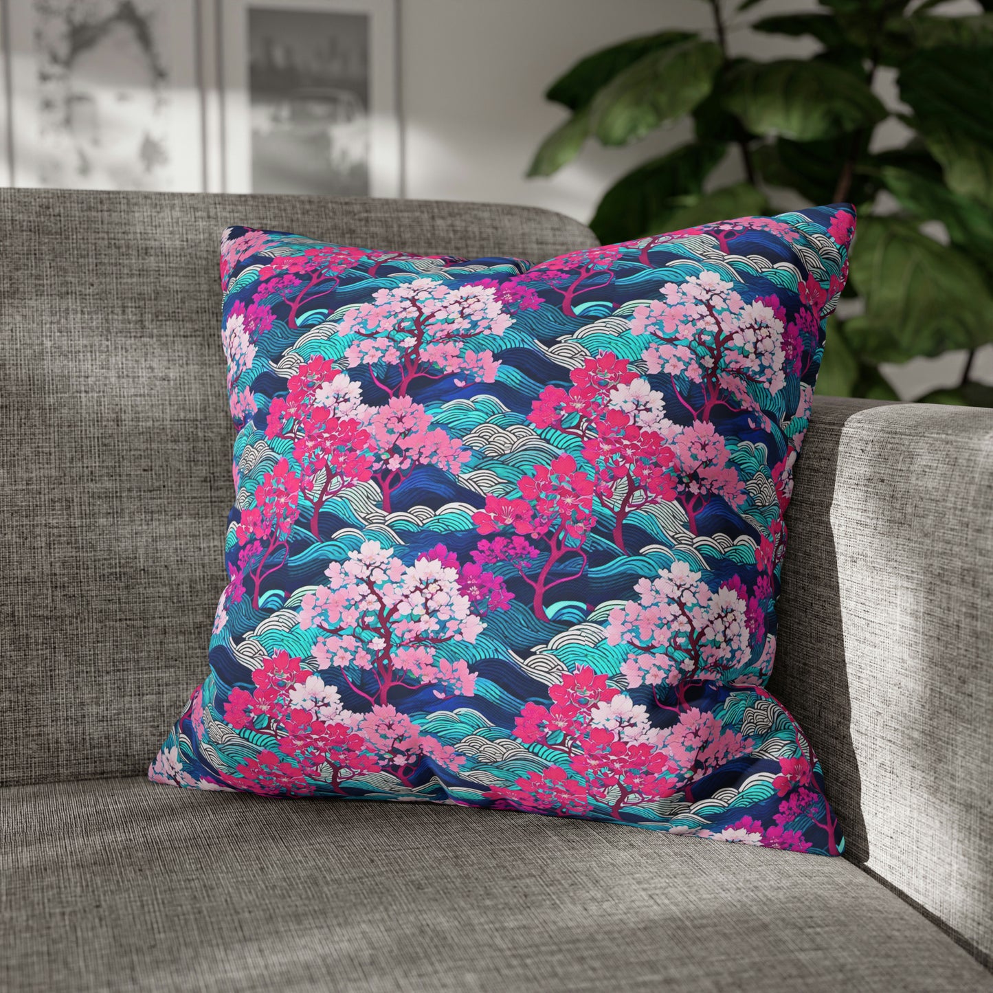 Kyoto Cherry Blossom Wood Block Pattern Japanese Home Decorative Spun Polyester Pillow Cover