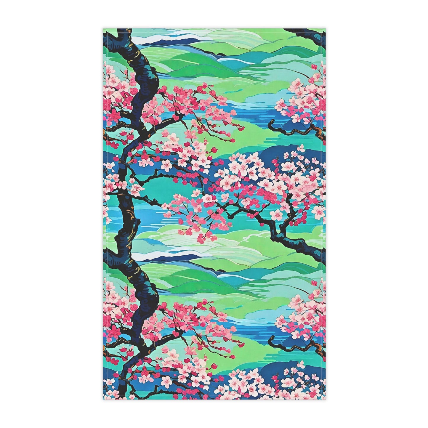 Japanese Meadow Cherry Blossom Wood Block Pattern Kitchen Tea Towel/Bar Towel