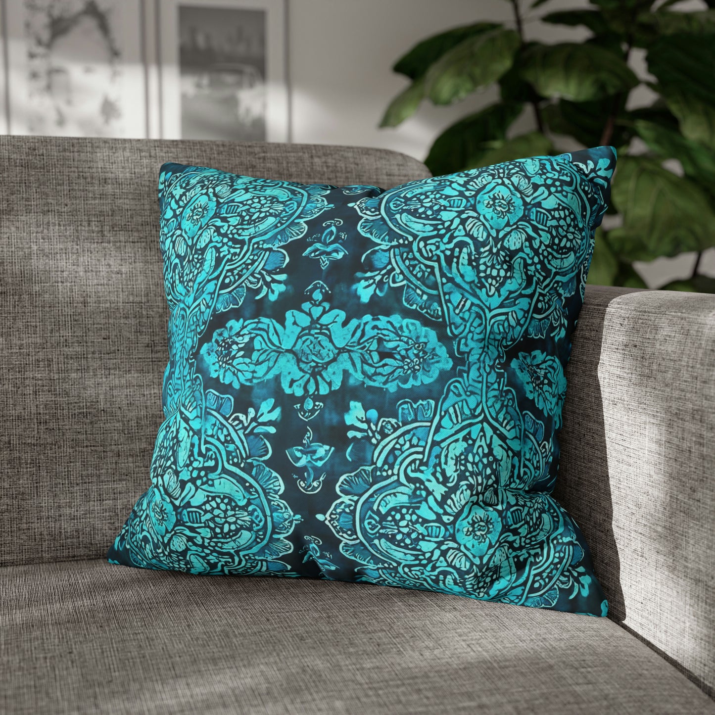 Teal Sumatran Water Garden Batik Square Poly Canvas Pillow Cover